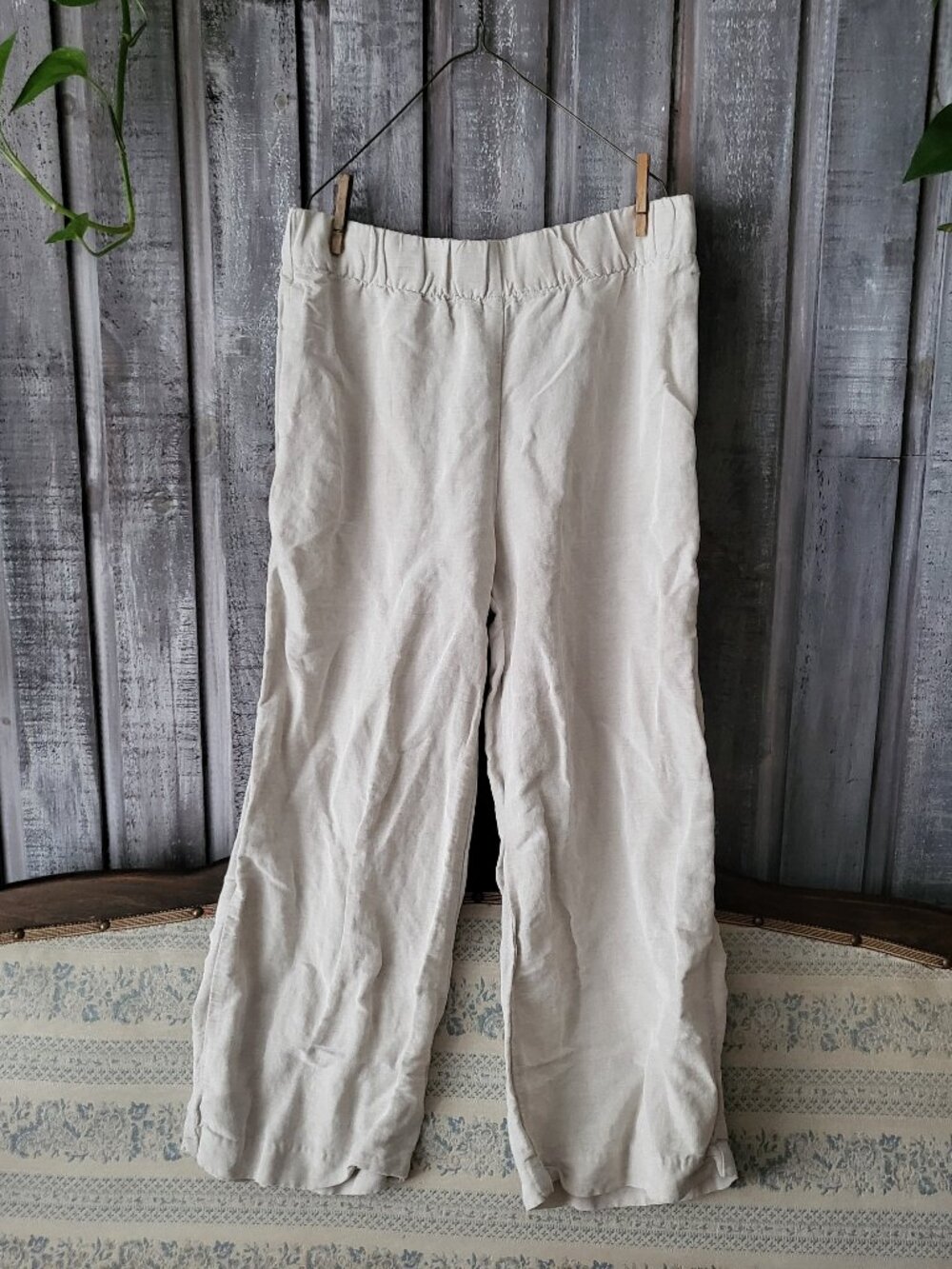 H&M Linen Blend Wide Leg Pants Beige Tan Elastic Waist Trousers Size Medium
